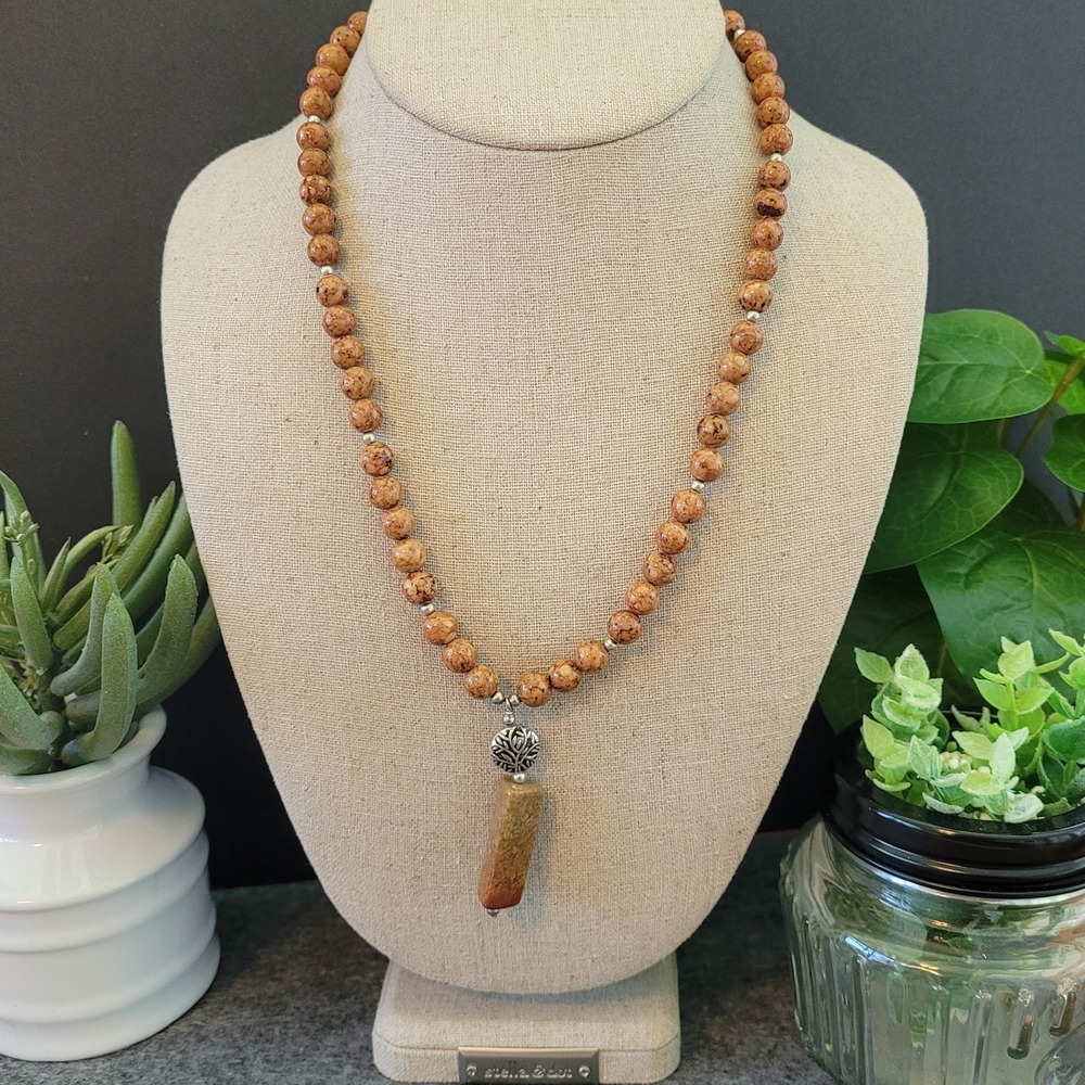 Picture Jasper Beaded Pendant Necklace Silver Tone Toggle Boho 18in